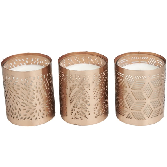 CosmoLiving by Cosmopolitan 3 Holder Copper Metal Geometric Campfire Scented 13 oz 1 Wick Candle with White Wax, (Set of 3)