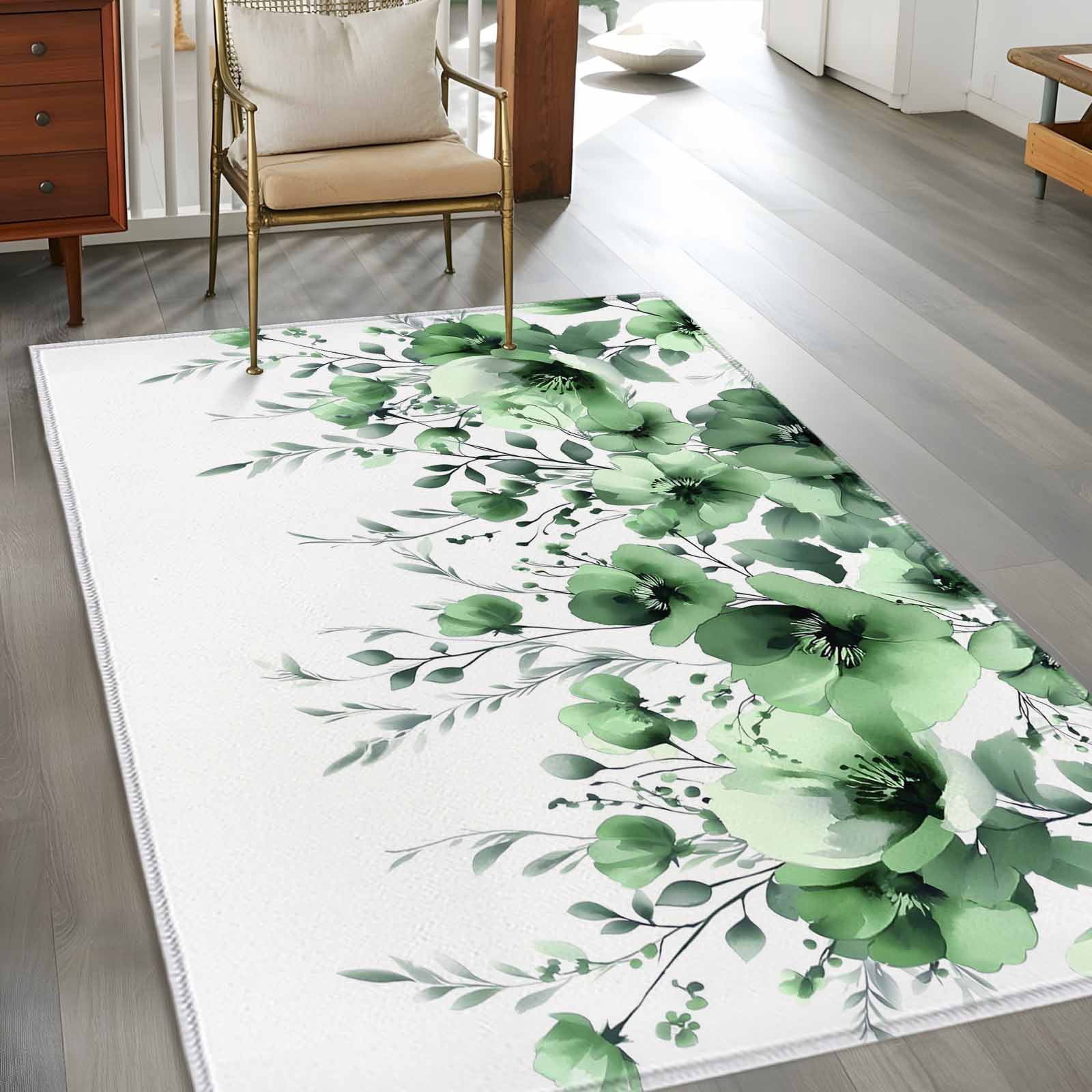 Area Rugs for Living Room Bedroom, Green Blooms Floral 4'x6' Rug Washable Carpet Runner Indoor Outdoor, Farmhouse Spring Flowers Botanical Non Slip Accent Floor Mats Rug for Kitchen, Office