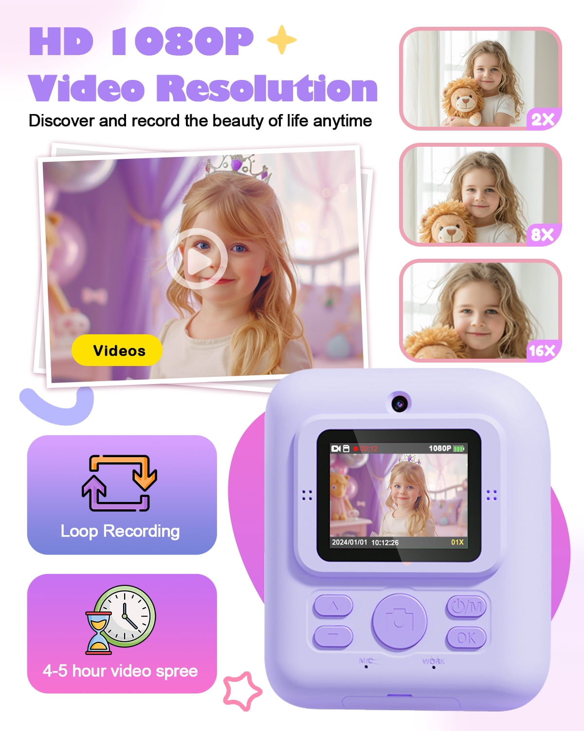 Seckton Instant Print Camera for Girls Boys, Dual-Lens 1080P Kid Digital Camera Birthday Gifts for Girls Age 3-12 Purple