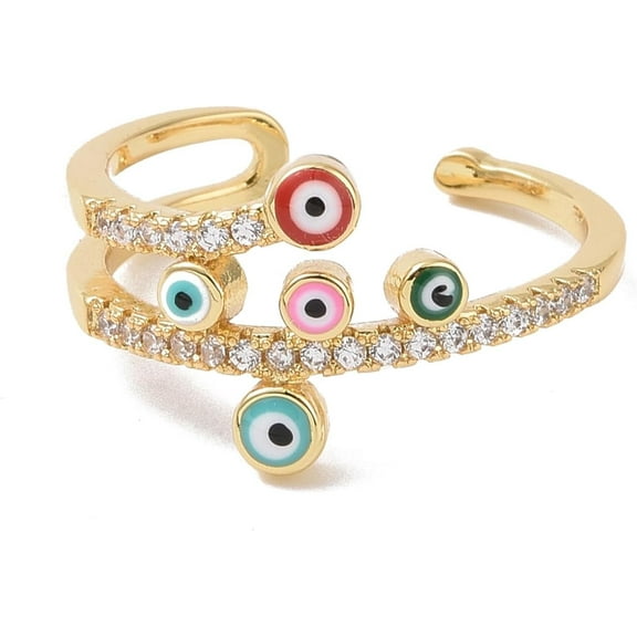 1Pcs Real 18K Gold Plated Brass Rings Enamel Evil Eye Open Rings with Clear Cubic Zirconia Jewelry for Women Colorful US Size 7 3/4(17.9mm)