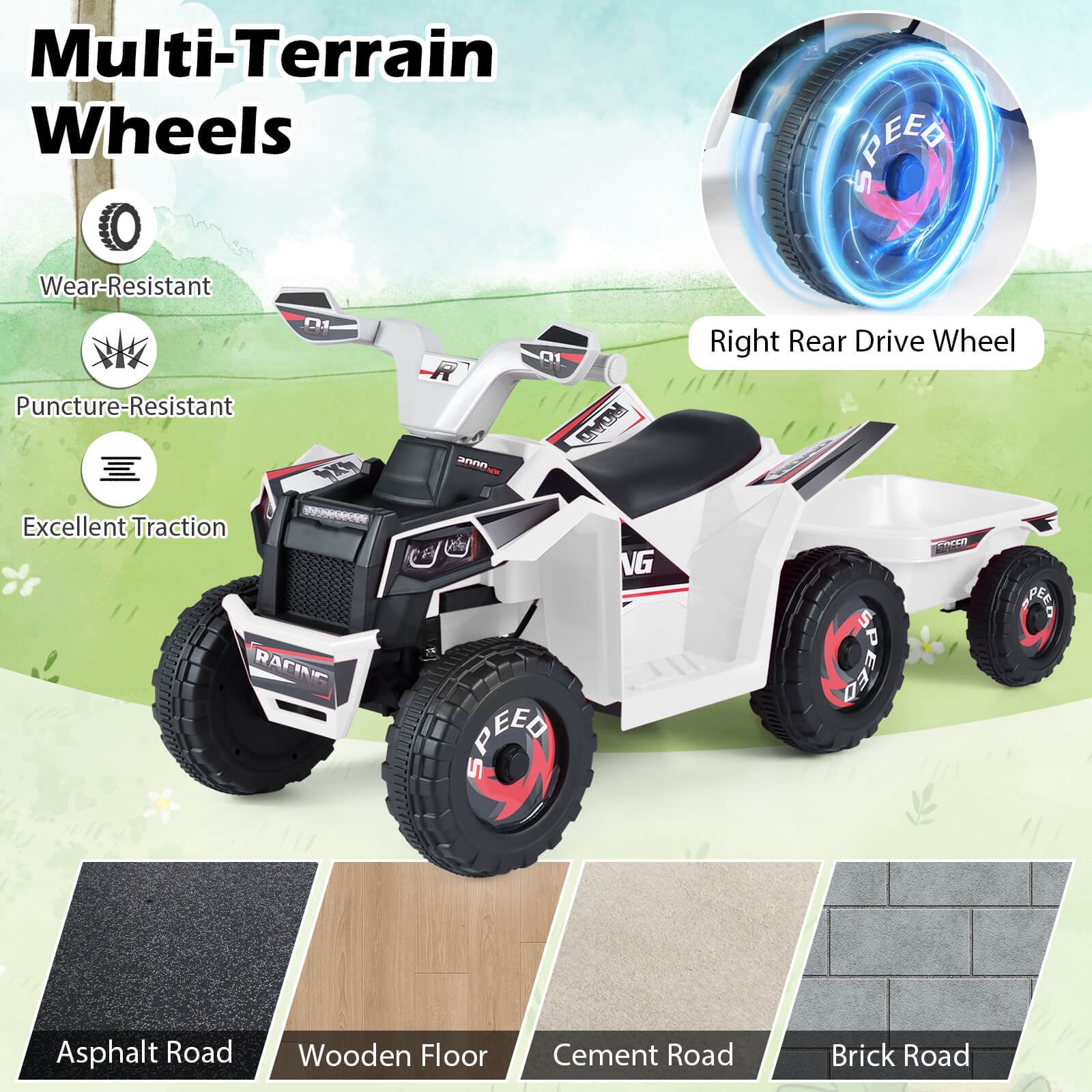 Costway Kids Electric ATV Car, 6V Battery-Powered Ride on Toy wirh Removable Back Trailer White