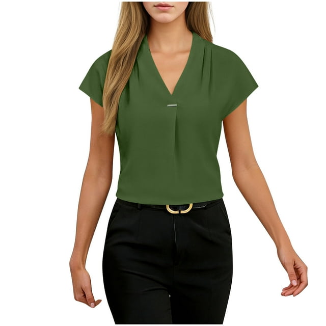 Ltctricy Blouses pour Femmes à Manches Courtes Style Cap, Col en V, Plissées, Tuniques de Bureau Décontractées, Hauts Habillés, T-Shirts, Chemises de Travail de Bureau