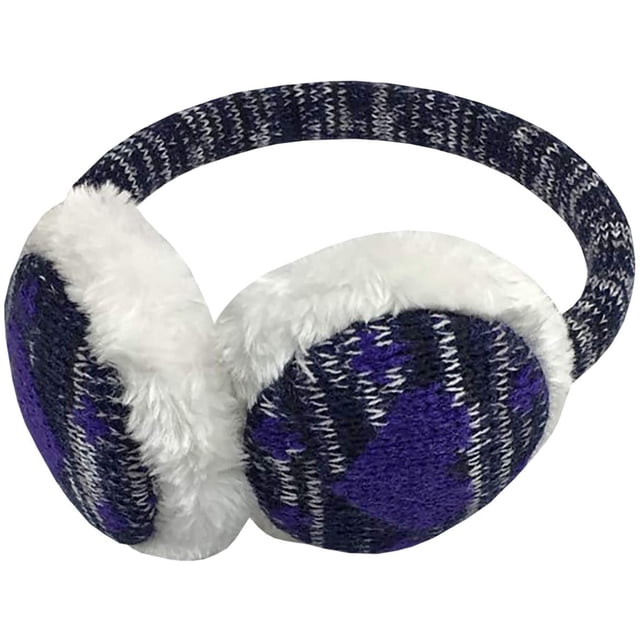 Girls Soft Plush Padded Knitted Design Adjustable Winter Earmuffs (Purple Hearts, One Size Fits All)