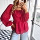 thumbnail image 4 of Camisas de manga larga abombada para mujer Escote elástico Cintura alta Línea A Dobladillo de múltiples capas Top elegante Rojo L, 4 of 7