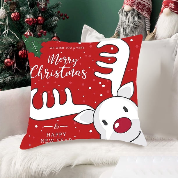 XWSHYW Almohada Fundas de Almohada Navideñas de 18,0X18,0 Pulgadas, Diseño de Copo de Nieve y Ciervos, Color Rojo y Blanco, Fundas de Cojines Decorativos de Navidad para El Hogar, Sofá, Cama, Decorac