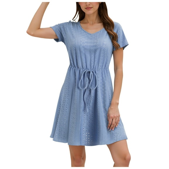 vigerkar Women's Eyelet Drawstring Waist Mini Dress Short Sleeves Round Neck Tie Waist Tunic Dresses Light Blue, XXL