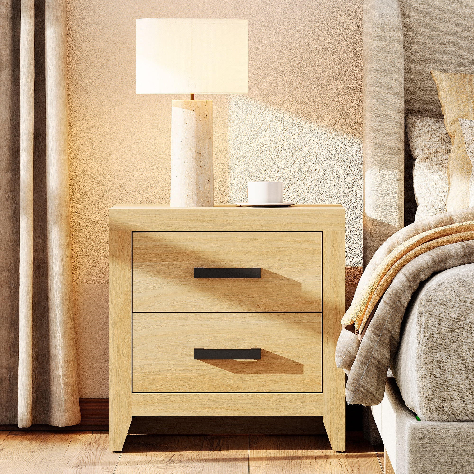 Farmhouse Rustic Wooden Nightstand With 2 Smooth‑Glide Storage Drawers,Solid‑Base Bedside End Table,Multi‑Purpose Accent Side Cabinet For Bedroom,Living‑Room,Oak