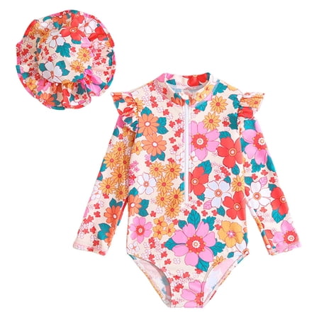 Rggeeun Toddler Girls Swimsuit Summer O-Neck Long Sleeved Floral Print Swimsuit And Hat Beach Pool Girl Swimsets Beige 6-9 Months
