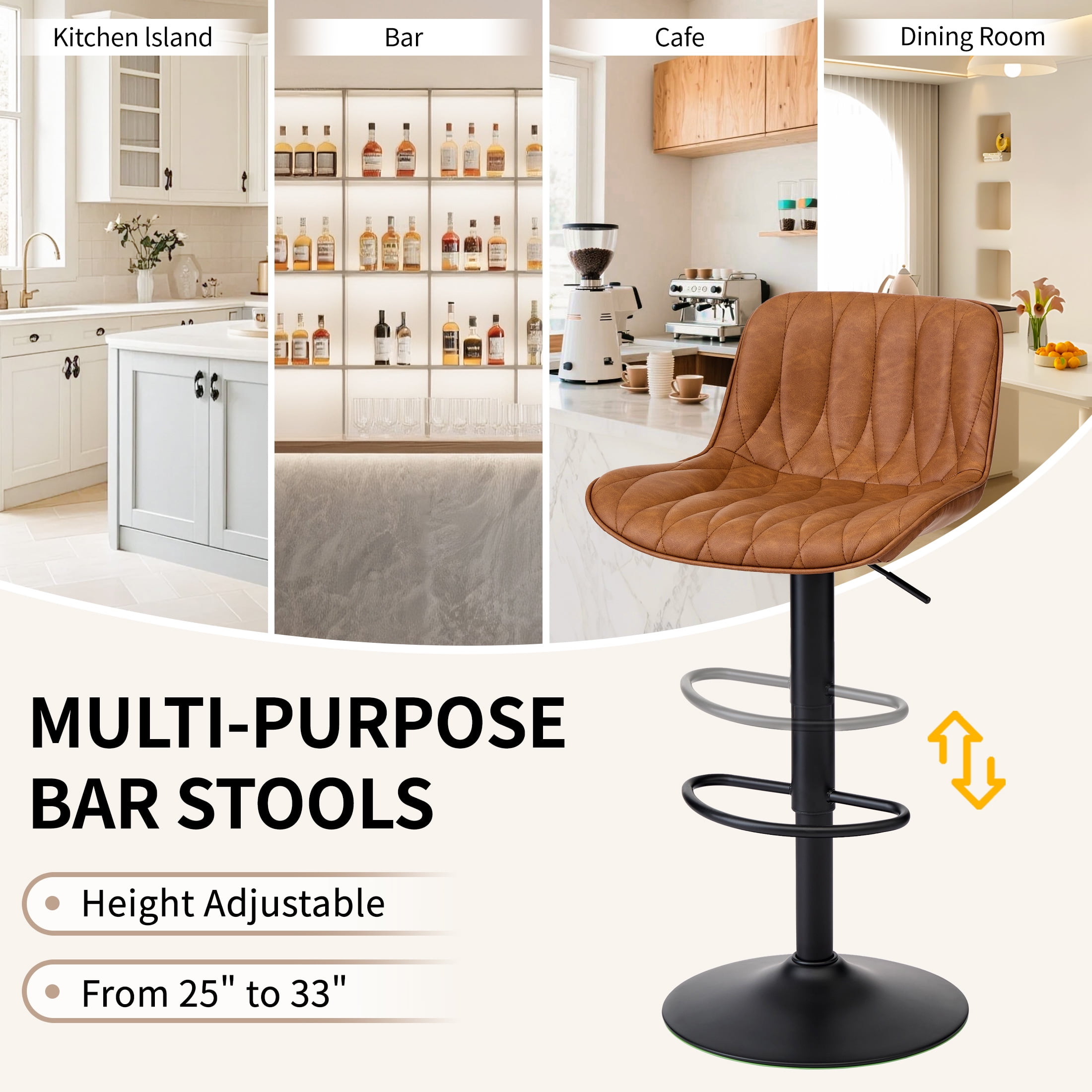 FIRAVOE Swivel Bar Stools Set of 2 (Adjustable Height 25"-33") Counter Height Bar Stools with Back, Modern Faux Leather Barstools for Kitchen Island, Brown