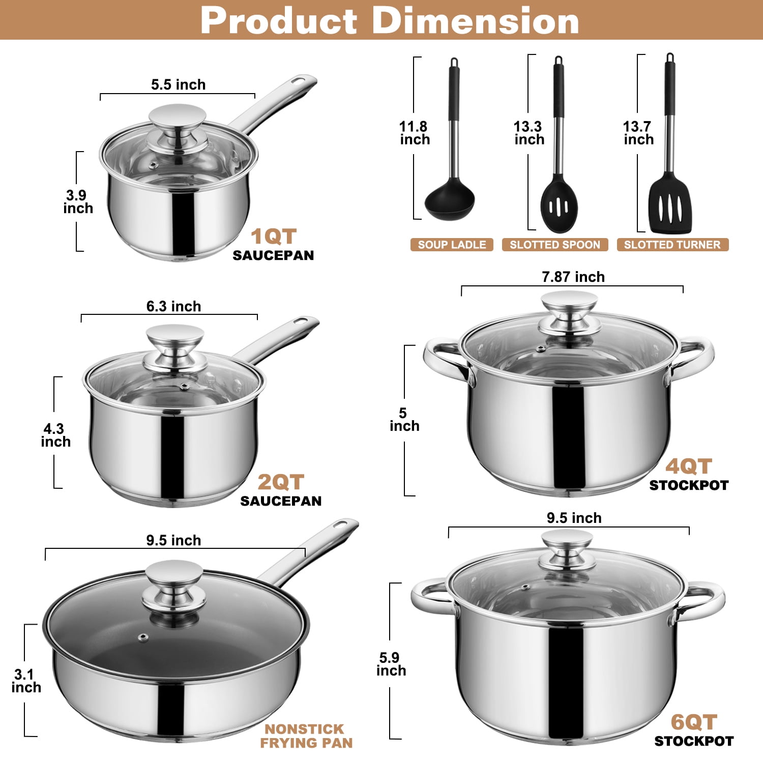 Walchoice 13Piece Stainless Steel Cookware Set, Kitchen Pot
