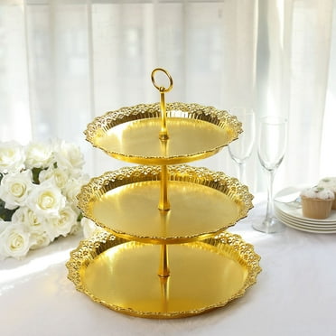 Efavormart 15" Metallic Gold 3-Tier Round Plastic Cupcake Display Tray Tower With Lace Cut Scalloped Edges, Decorative Dessert Stand