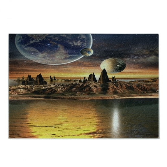 Fantasy Cutting Board, Alien Planet Earth Moon and Mountain Surreal Sci Fi Galactic Future Cosmos Art, Decorative Tempered Glass Cutting and Serving Board, Small Size, Multicolor, by Ambesonne