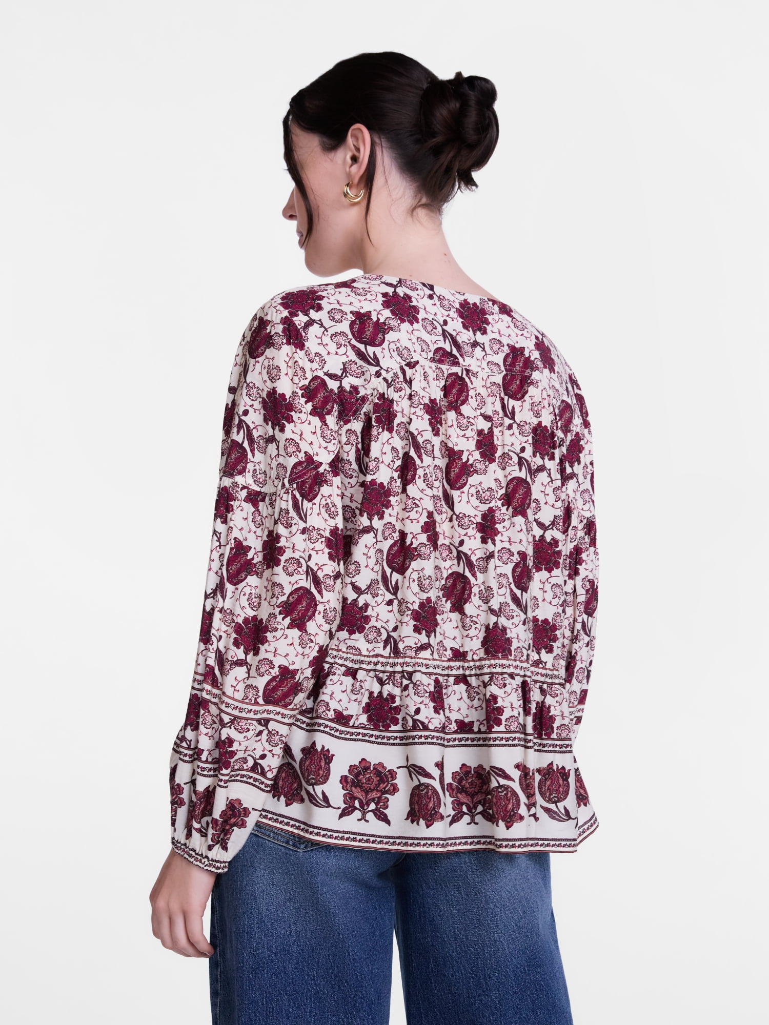 Scenario Women's and Women's Plus Gathered Yoke Blouse with Long Sleeves, Sizes XS-4X