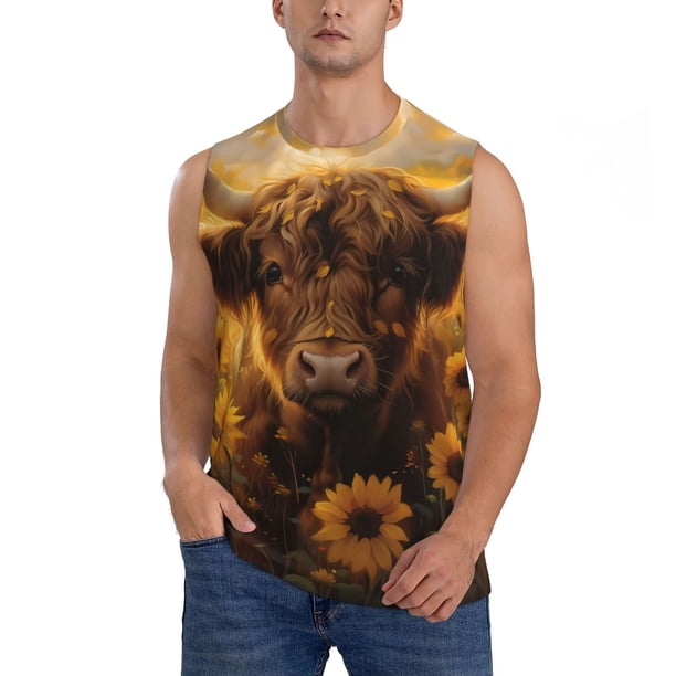 Balery Cute Cow Sunflower Field Camisetas sin mangas para hombre, absorbe la humedad y protege contra el mal olor.-Small