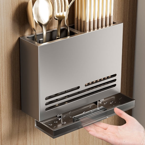 Cesta de almacenamiento para palillos chinos, estante de cocina montado en la pared, vajilla sin perforaciones, jaula para palillos, cuchara, soporte para cuchillos, caja de almacenamiento de drenaje