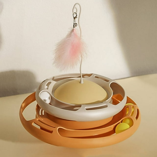Juguete giratorio para gatos, interactivo, divertido, con plumas, circular, para gatitos, blanco y amarillo.