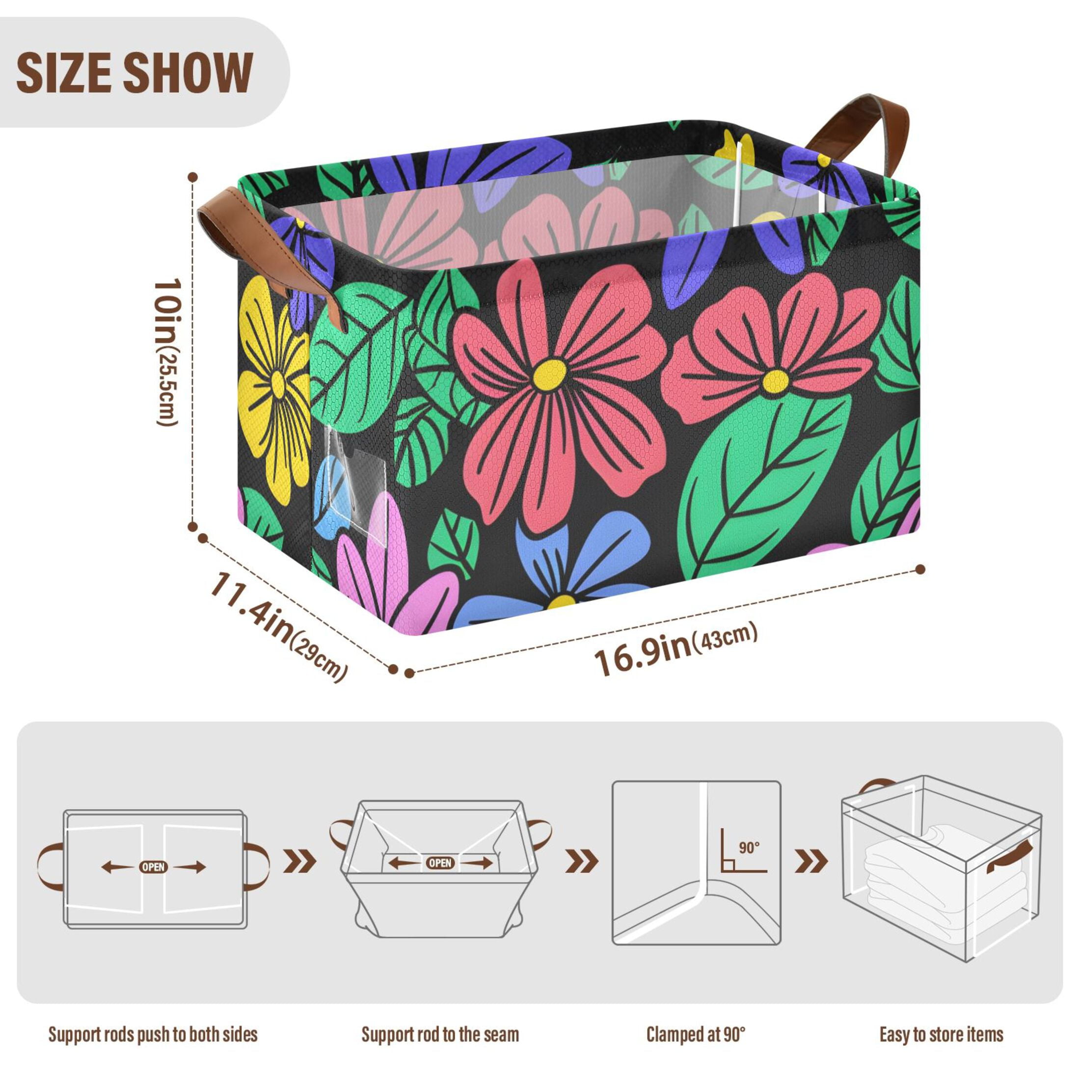 Flowers and Leaves Black Foldable Storage Large Fabric Storage Baskets Organizer Storage Bins with Handles for Shelves