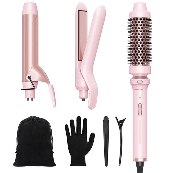 Wavytalk Curling Iron Set, 3 in 1 Curling Wand Set with Curling Brush, Flat Iron, 1 1/4 inch Curling Iron, Dual Voltage, Pink