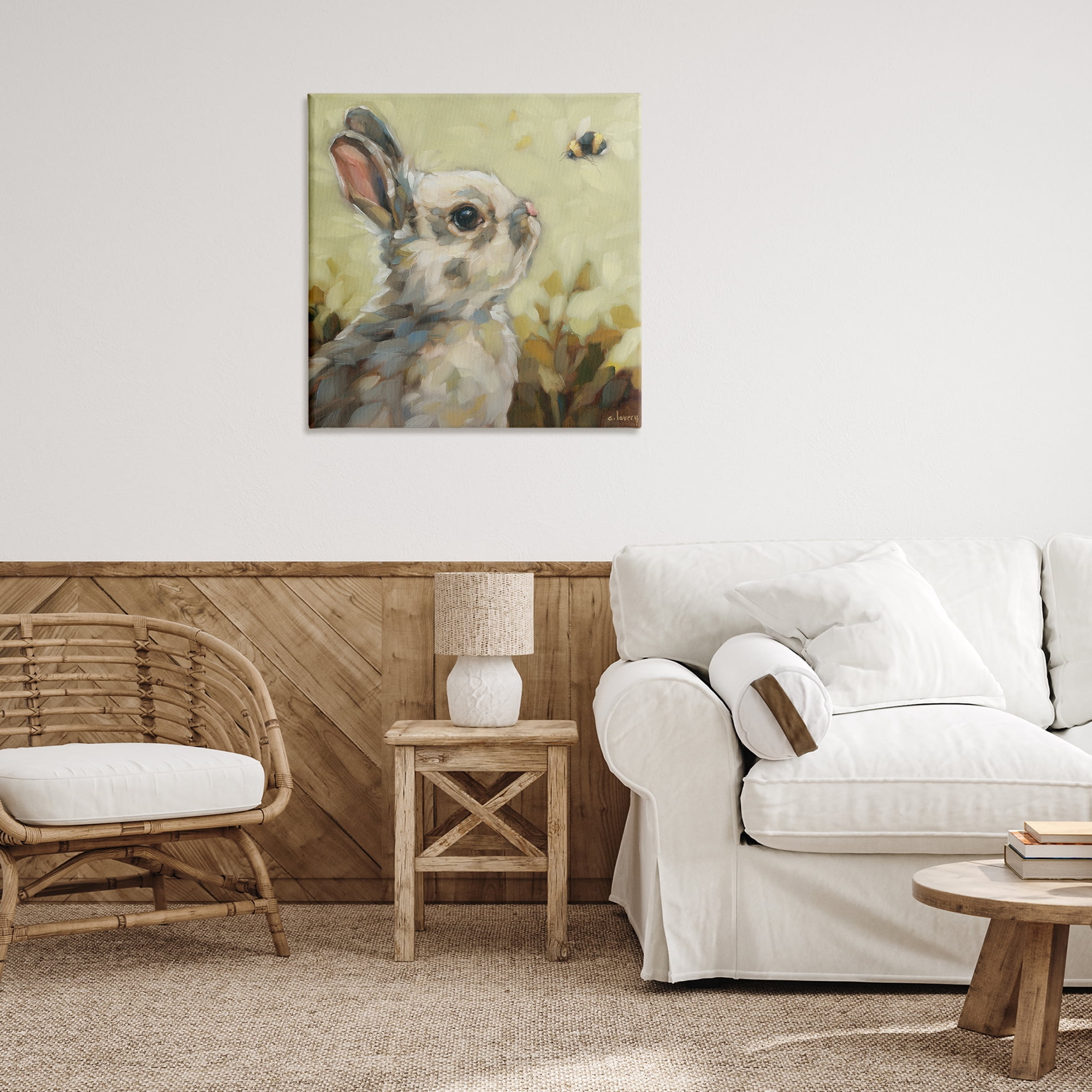 Stupell Industries Bunny Eyeing Bumble Bee Animals Painting Wrapped Canvas Art Print Wall Art, 30 x 30