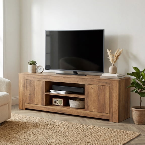 LEDREM Farmhouse TV Stand for 80 Inch TV, Entertainment Center with Storage Cabinets, Media Console Table for Living Room, Honey Brown
