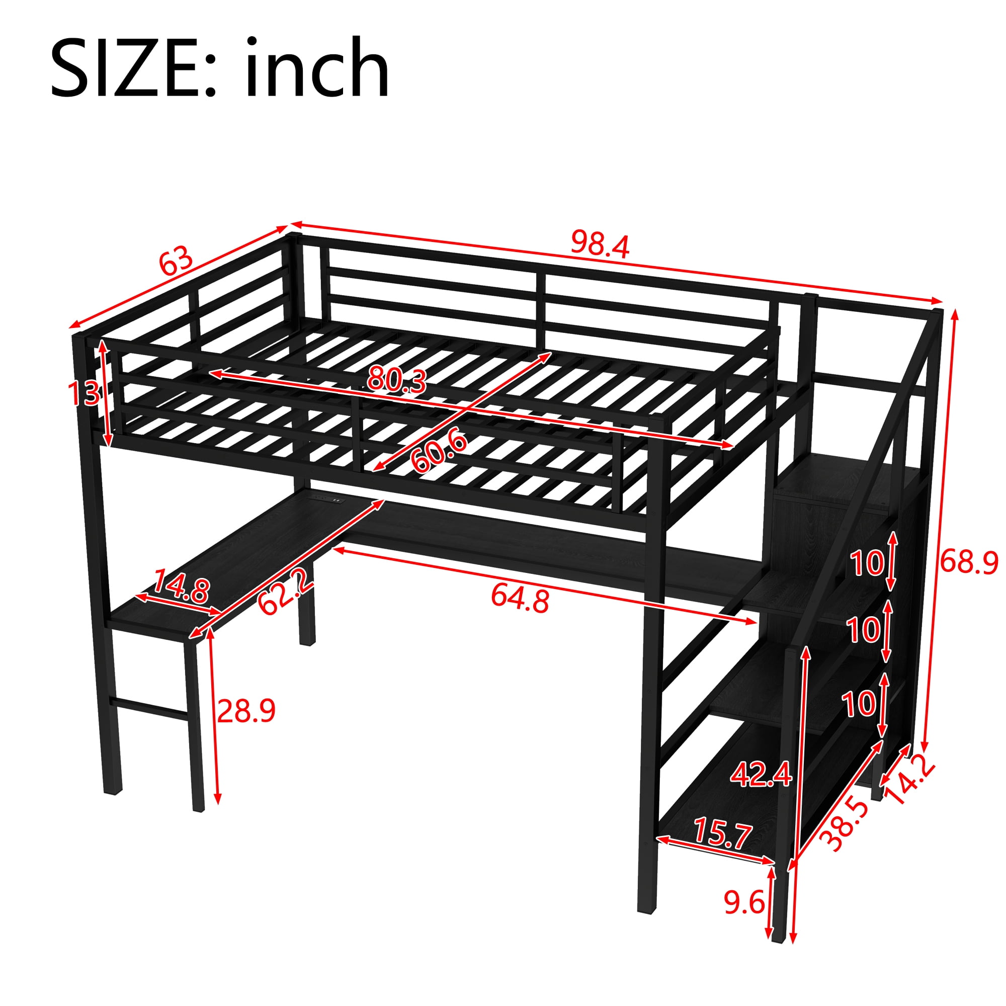 Aukfa Queen Size Loft Bed with L-Shaped Gaming Desk, Wardrobe, USB Ports & RGB Lights, Metal Loft Bed for Kids, Teens & Adults, Black
