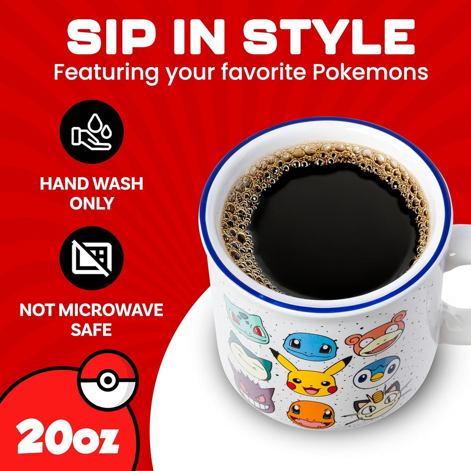 Silver Buffalo Pokemon Bulbasaur, Squirtle, Slowpoke, Snorlax, Pikachu, Piplup, Haunter, Charmander, and Meowth Camper Mug, 20 Ounces