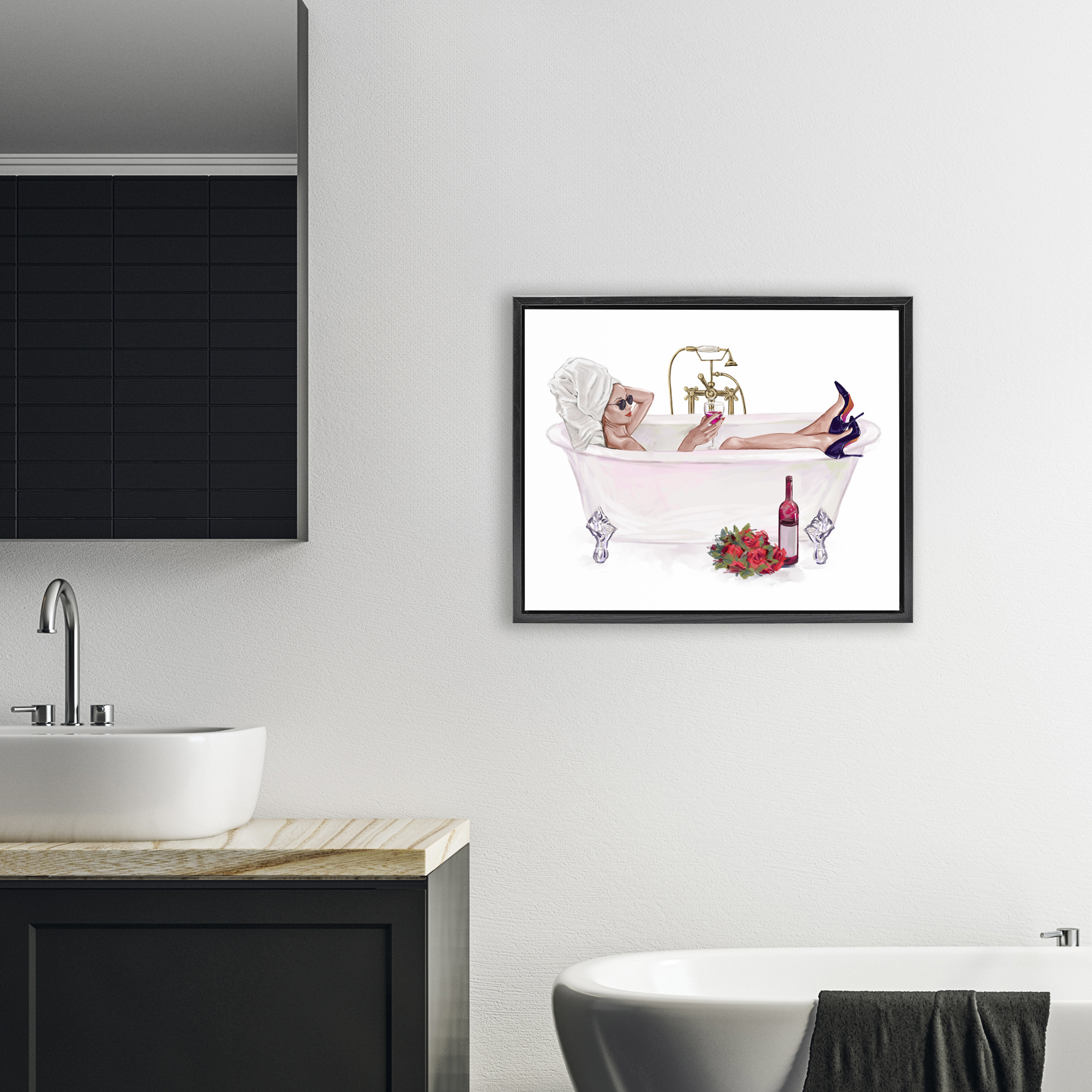 Woman with Wine Bath Black Framed Floater Canvas Wall Art, design by Ziwei Li