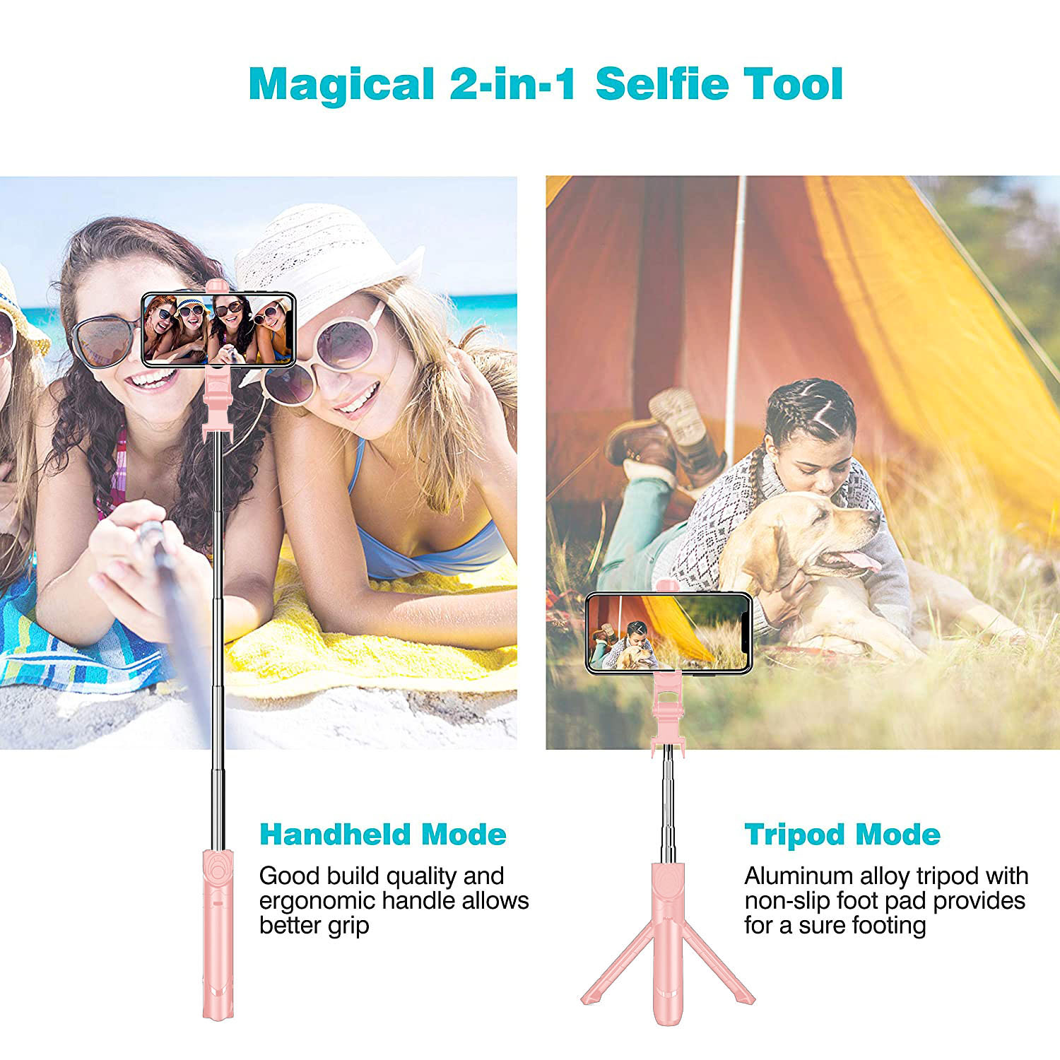 TiokMc Wireless Selfie Stick Tripod, 26 Inches Extendable, Pink photo 5