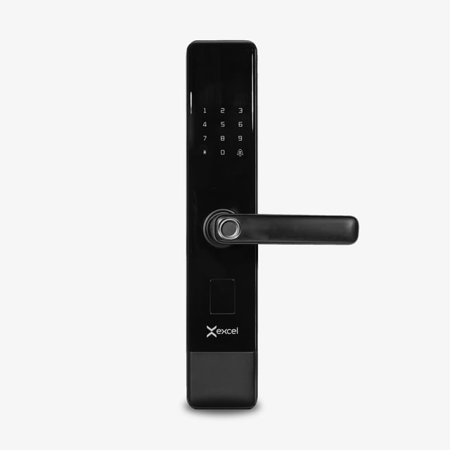 cerradura excel mod. exc-sl230 mortise negro cerradura inteligente mortise con conectividad WiFi y app Tuya Smart, teclado numérico táctil 4–8 dígitos, lector de huella y manija horizontal; placa frontal negra en ABS con logo Excel, apta para puertas de 3.5–6 cm; también apta para accesos residenciales y departamentos.
