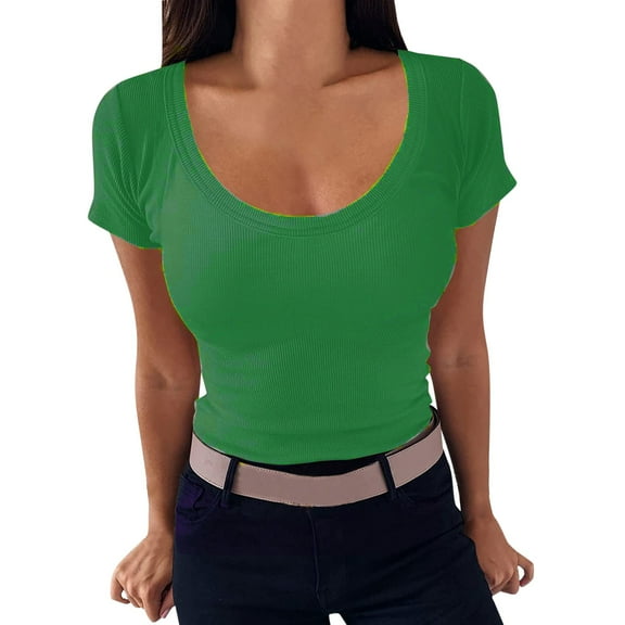 YOUSNH Women's Crew Neck Short Sleeve Tops Slim Fit Collection Ribbed Knit T Shirt T-shirts for Women 2024 Green L