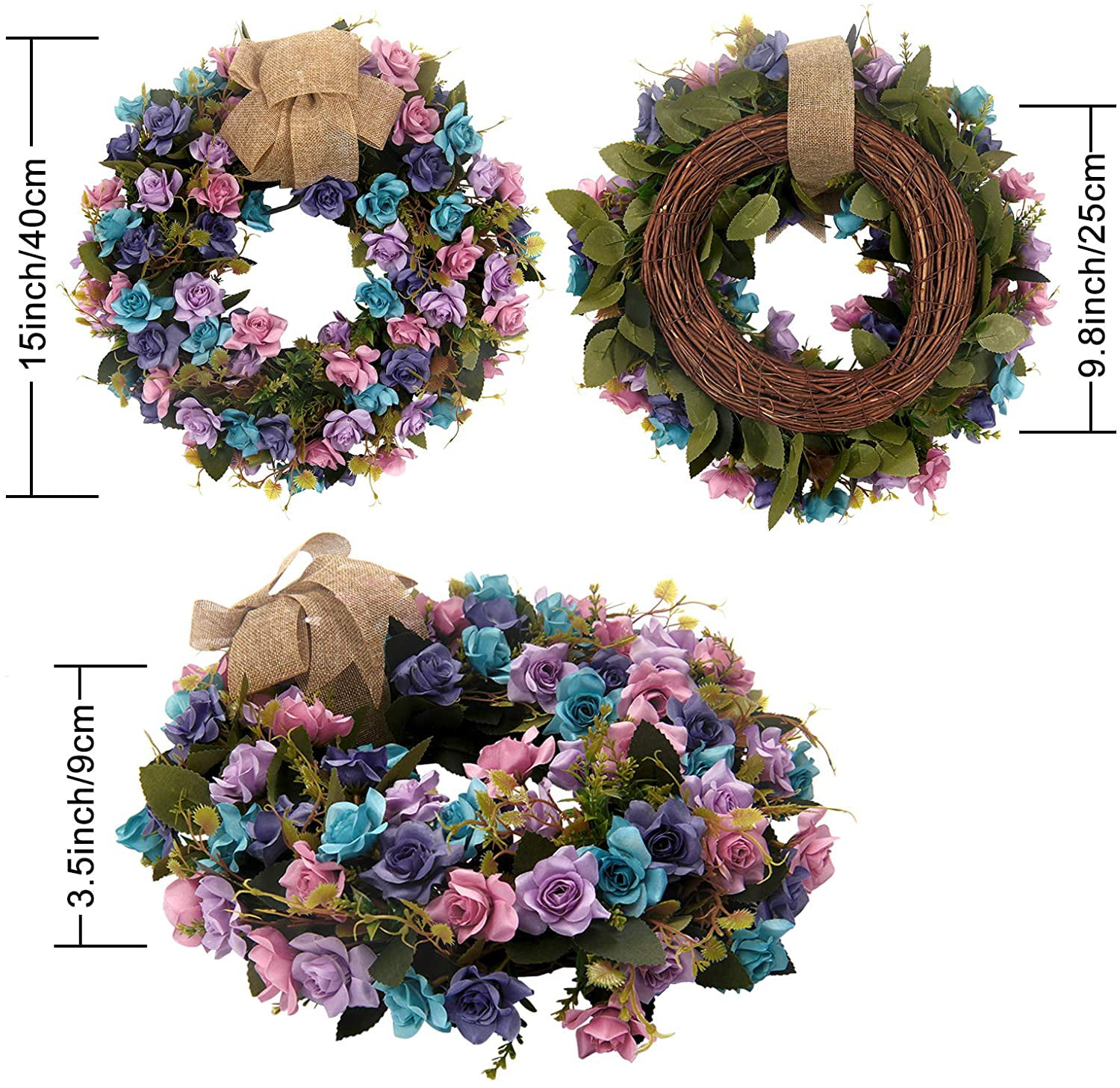 UArtlines 15 Artificial Wreath Hanging Rose Garland Swag for Indoor Outdoor Window Wall Wedding Party Decoration Floral Wreath, 15 Rose Blue/Purple