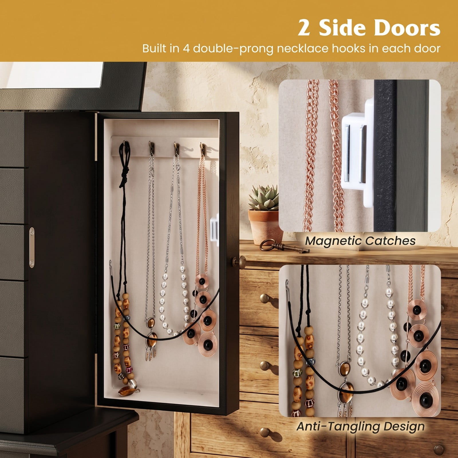 Furnibear Freestanding Armoire Storage Jewelry Cabinet with 5 Drawers, Side Compartments, and Lift-Top Mirror for Bedroom, Black
