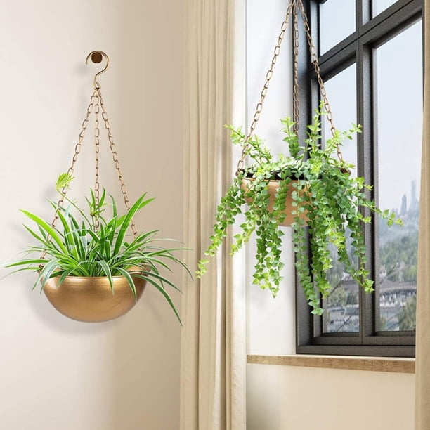 Gran Macetero Colgante Dorado con Drenaje, Soporte Semicircular para Plantas de Interior, Cuenco Techo Liviano