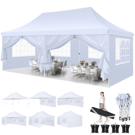 HOTEEL 10 x20 Pop up Canopy Tent with 6 Removable Sidewalls Instant Outdoor Canopy Shelter with Upgrade Raised Roof and Carry Bag White
