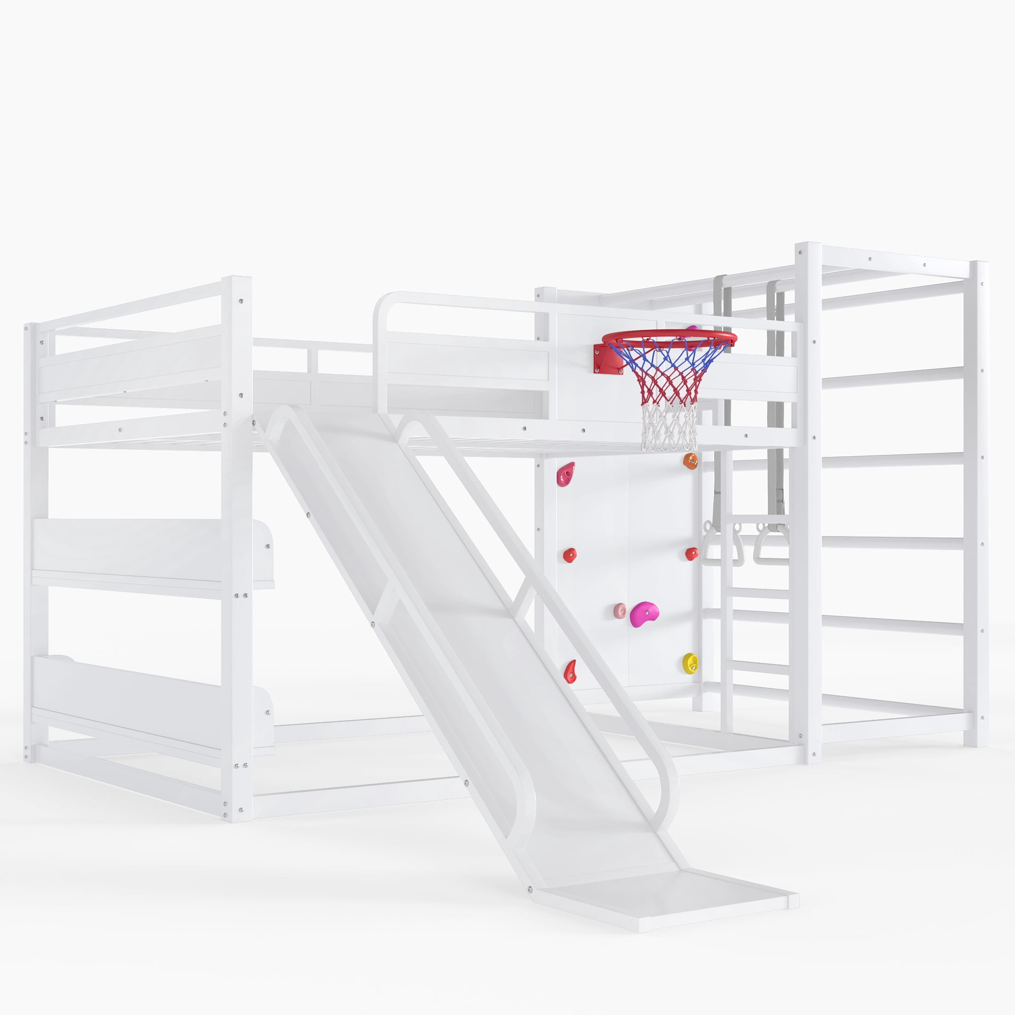 Full Size Loft Bed with Basketball Hoop, Pull-up Rings and Climbing Wall, Metal Loft Bedframe with Bulit-in Bookshelves, Kids Playhouse Bed with Slide for Boys Girls