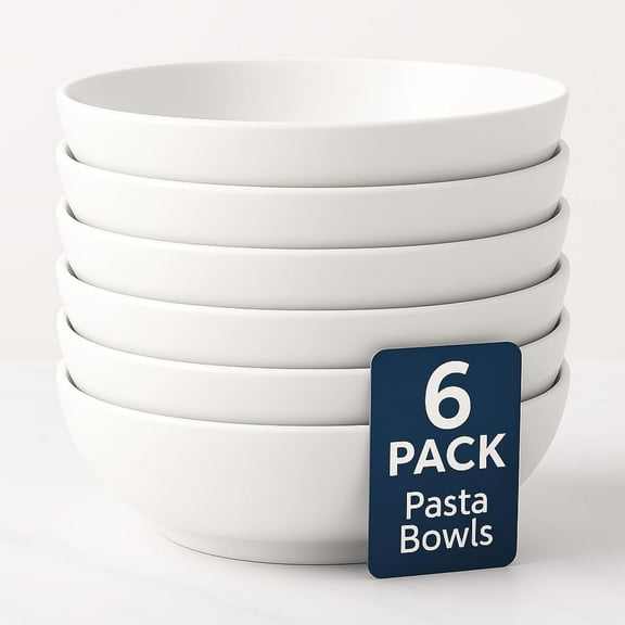 Casafoyer 30 oz Ceramic Pasta Bowl Set of 6 - Large White Porcelain Bowls, Microwave & Dishwasher Safe
