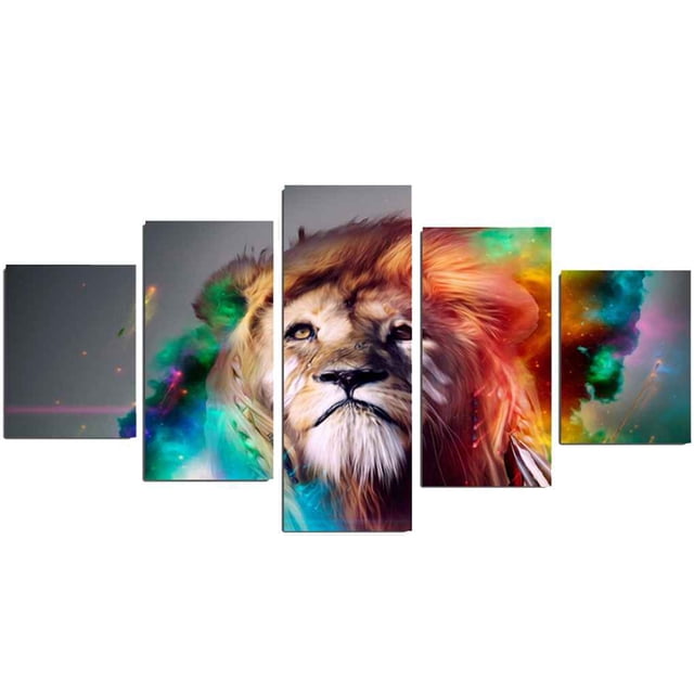 kurtrusly 5pcs Panel Colorful Animals Lion Modular Frame Canvas High Definition Printed Oil Painting Poster Picture