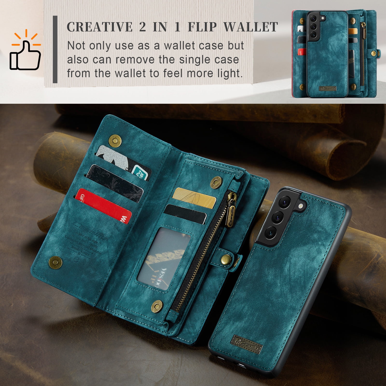 Feishell Durable 2-In-1 Magnetic Detachable Wallet Case for Samsung Galaxy S22 Plus,for Women Men,Premium PU Leather Zipper Pocket Flip Multi Card Slots Purse Phone Case with Wrist Strap,Green