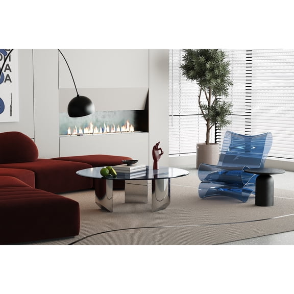 Whiteline Modern Living Naomi Coffee Table, 10mm Smoke Glass Top, Polished Stainless Steel Base