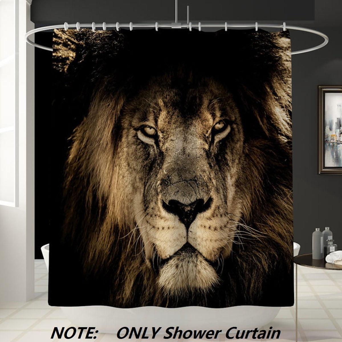 Set of 1/3/4Pcs Lion Shower Curtain With Bath Mats Rugs Toilet Cover Mat N 
