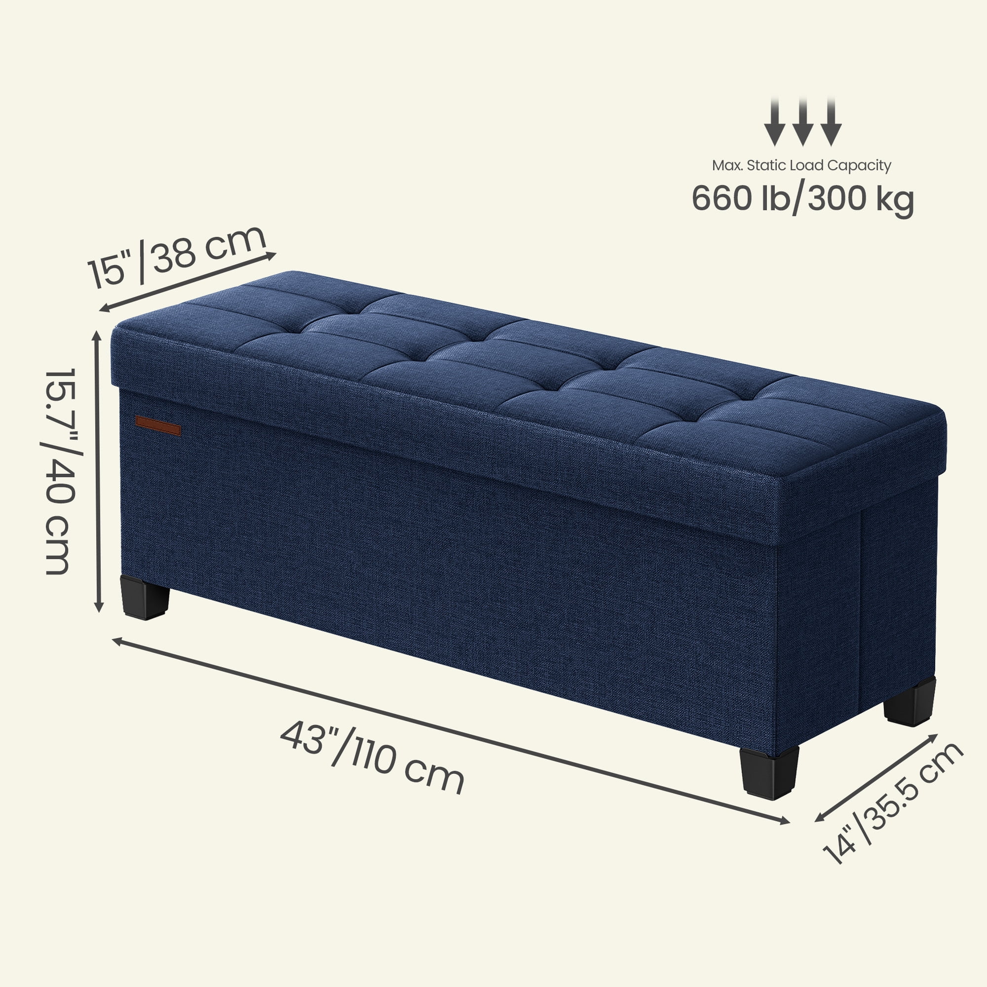 Ledrem Midnight Blue Linenette Fabric Folding Storage Ottoman Bench with Footrest, Large