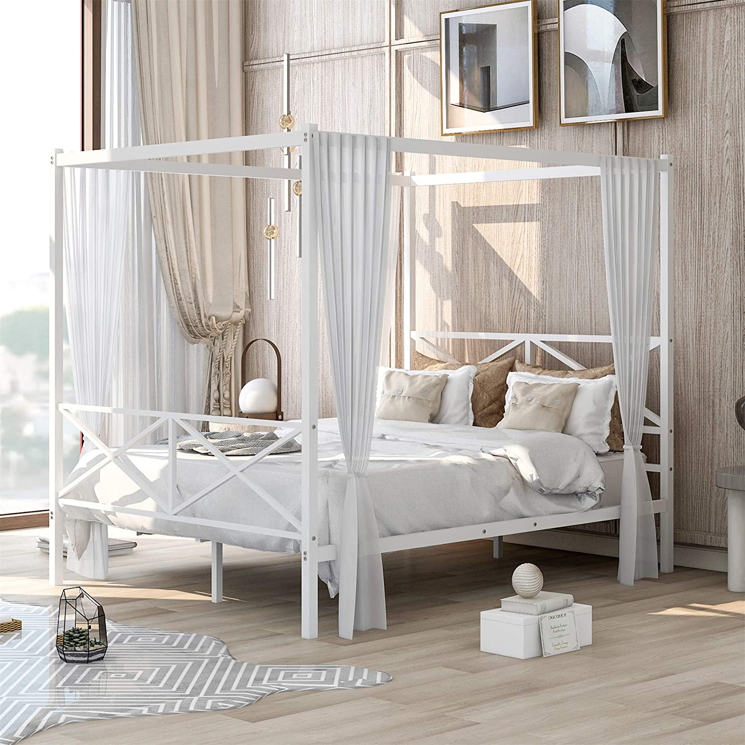 Metal Canopy Bed Frame Queen Size, Platform Bed with X Shaped Frame and