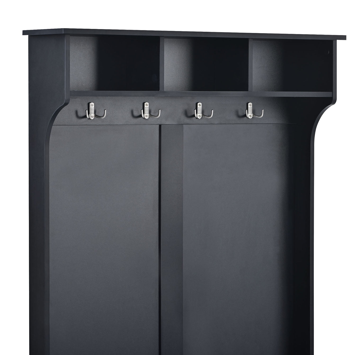 Kadyn All in One Hall Tree, Wide Hall Tree with 3 Top Shelves and 2 Flip Shoe Storage Drawers, Mudroom Hall Tree with Storage Bench and Metal Hanging Hooks, Black