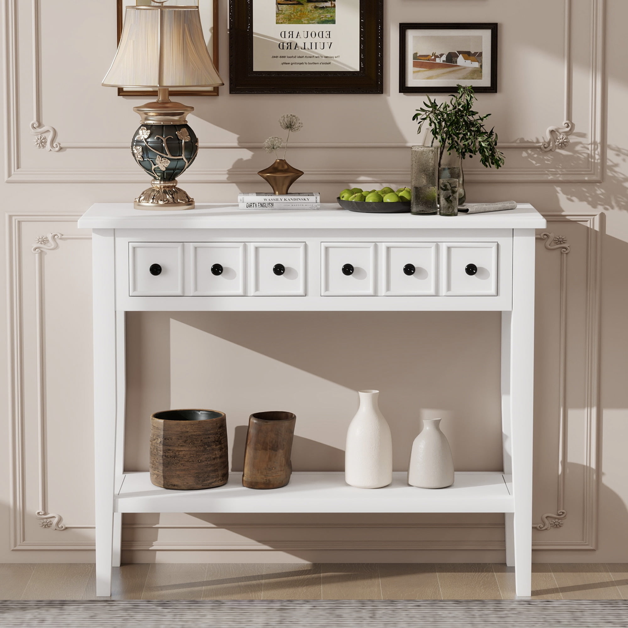 EUROCO 38.2" Console Table,Sofa Table Entryway Table with Rubber Wood Legs,2 Drawers and Open Shelf,Rustic Hallway Accent Table for Living Room, Entrance,White