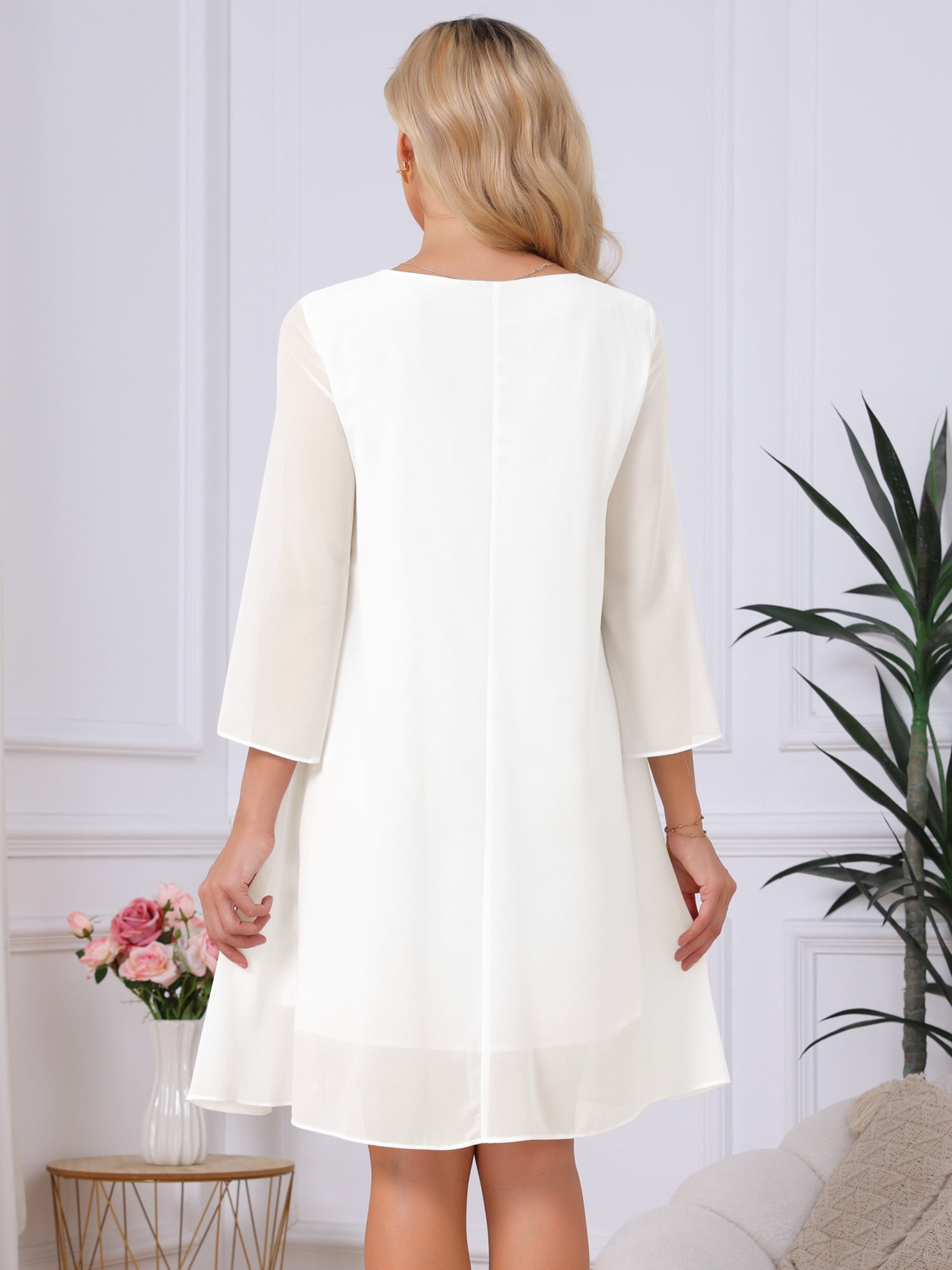 DARING DIVA Women's Chiffon 3/4 Sleeve Flowy Wedding Guest Dress L White