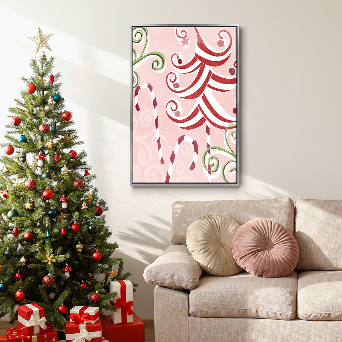 Candy Cane Holiday II - Framed Gallery Wrapped Holiday Canvas - 25 x 37 - Silver Frame