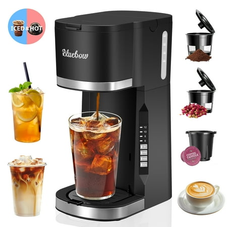 Bluebow Hot & Iced Coffee Maker  3 in 1 Single Serve Brew for K Cup  Ground Coffee & Tea  Iced Tea Maker  6-12oz Brew Size  Black