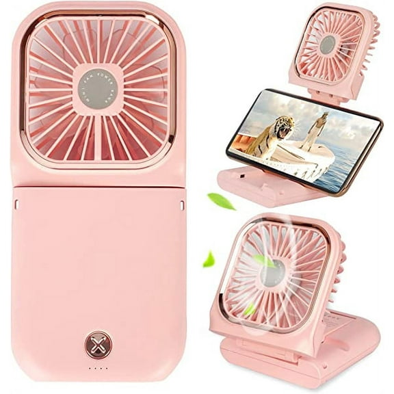SOONHUA Handheld Fan, Portable Mini Fan With Mobile Phone Bracket Function, USB Rechargeable Fan 3000mAh 3 Speeds Battery Operated Desk Hand Neck Cooling 5 in 1 Fan, Electric Fan for Travel Camp, Pink