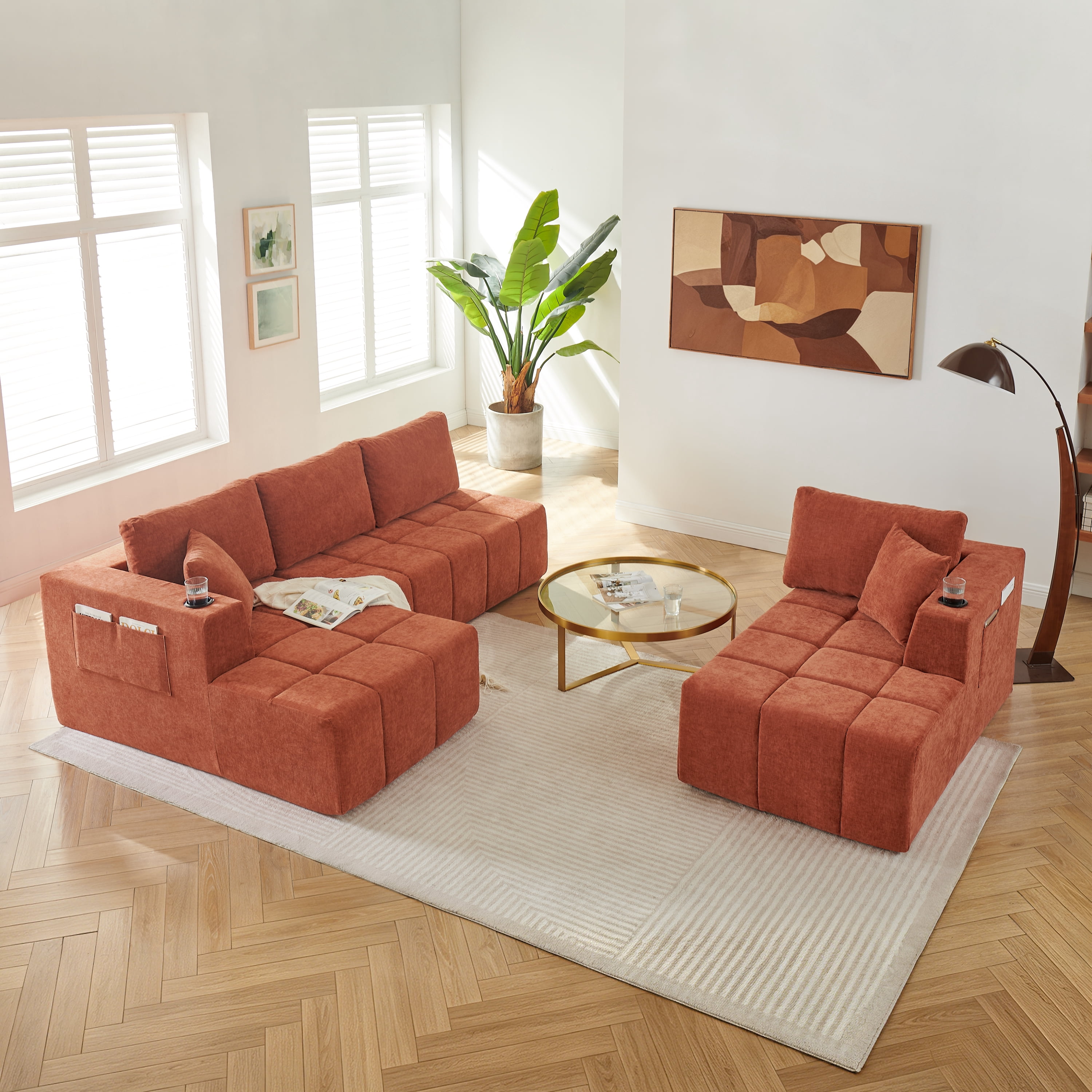 Howcool 132" U-Shaped Modular Cloud Couch, Oversized Deep Seat Chenille Sectional Sofa with Double Chaise, Boneless Comfy Couch with Cup Holders & Side Pockets, No Assembly Required,Orange