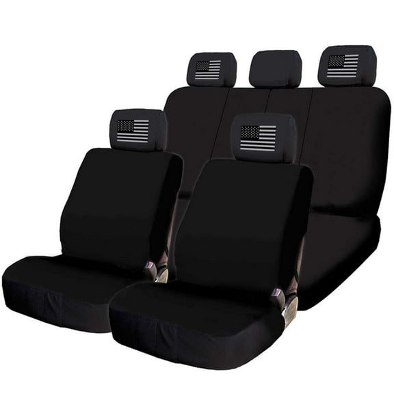 Yupbizauto New Black Flat Cloth Universal Fit Car Truck SUV Seat Covers with large American Flag Logo Headrest Covers Support 60/40 Split Seats